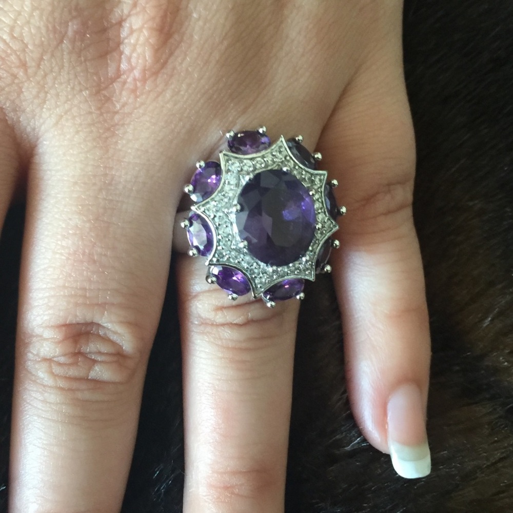 Vintage Pair  Silver 925 Amethyst & Clear Topaz Cocktail Ring both SZ 10 - Picture 13 of 14